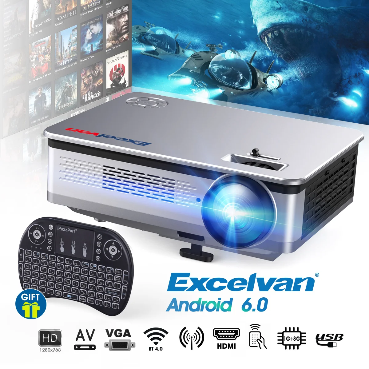 Excelvan 1280*768 1G+ 8G Android 6,0 проектор BT 4,0 AV/VGA/HDMI/USB 3200 люмен 4:3/16:9 домашний кинотеатр светодиодный проектор+ клавиатура