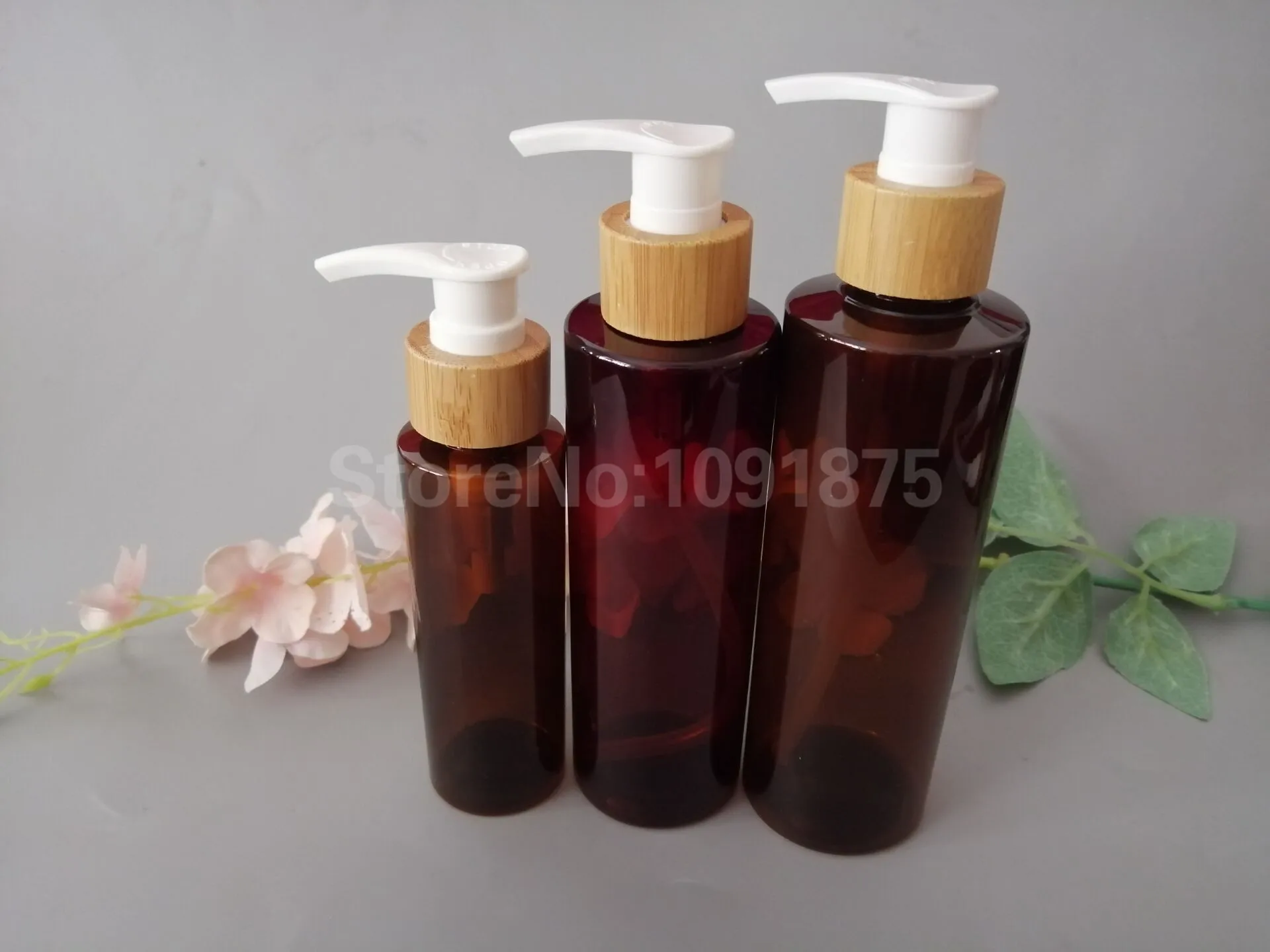 

10pcs 100ml 200ml 250ml Amber Shampoo Bottle With White Bamboo Lotion Pump cleanser Container Shower Bottle