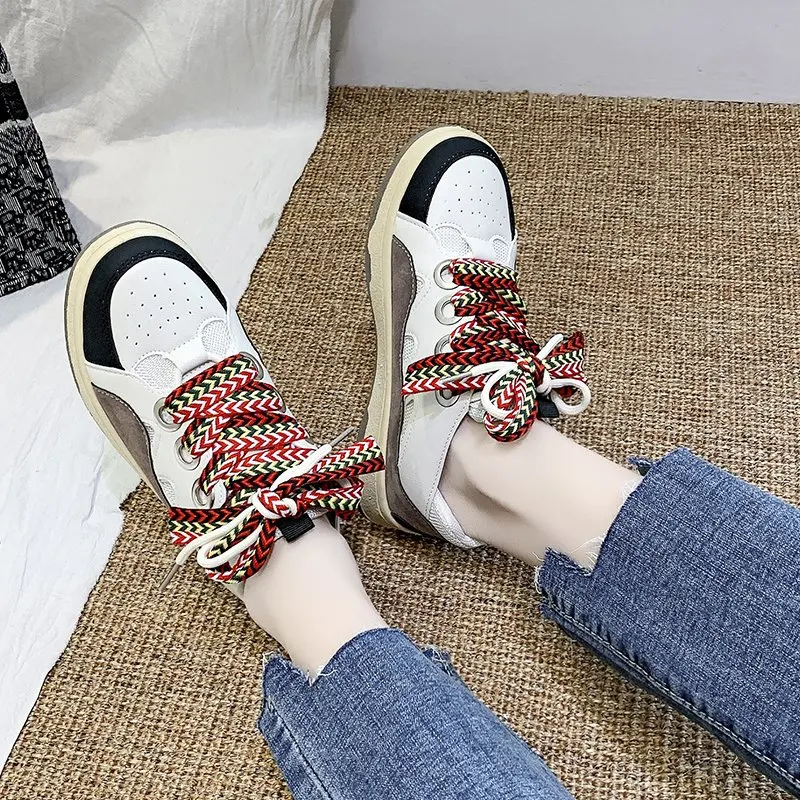 

Fashion Women Shoes Platform Chunky Sneaker Genuine Leather Shoes Mixed Colors Retro Spring Casual Lady Flats