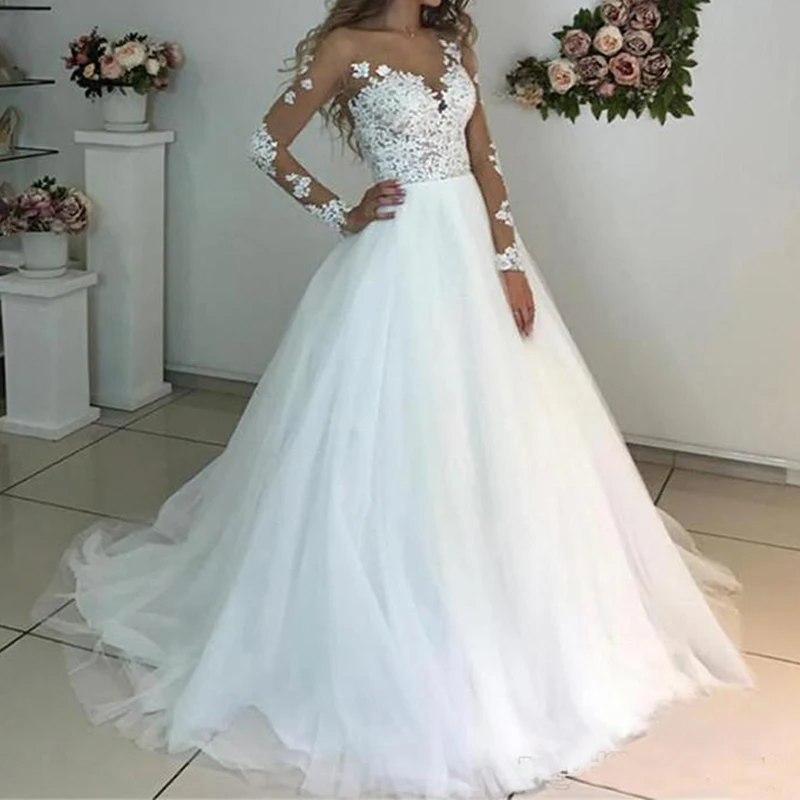 

2022 Bride Dress Long Sleeve Lace Appliqued Wedding Dresses Sweep Train Tulle Long Gown robe de mariee