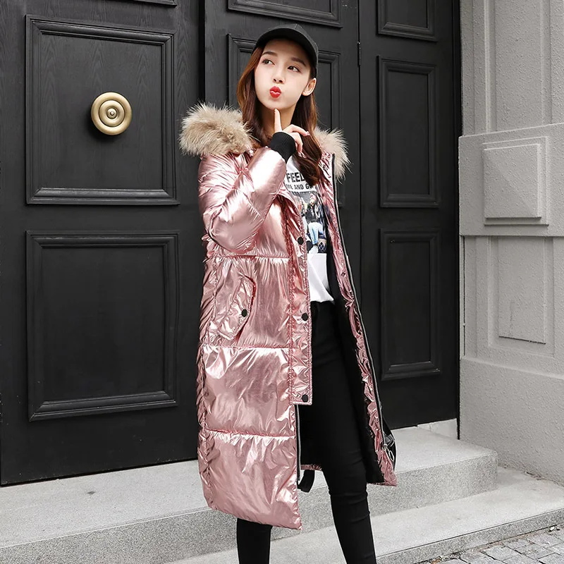 2019 зимние куртки женские цвета металлик длинная куртка хлопок теплый глянцевый