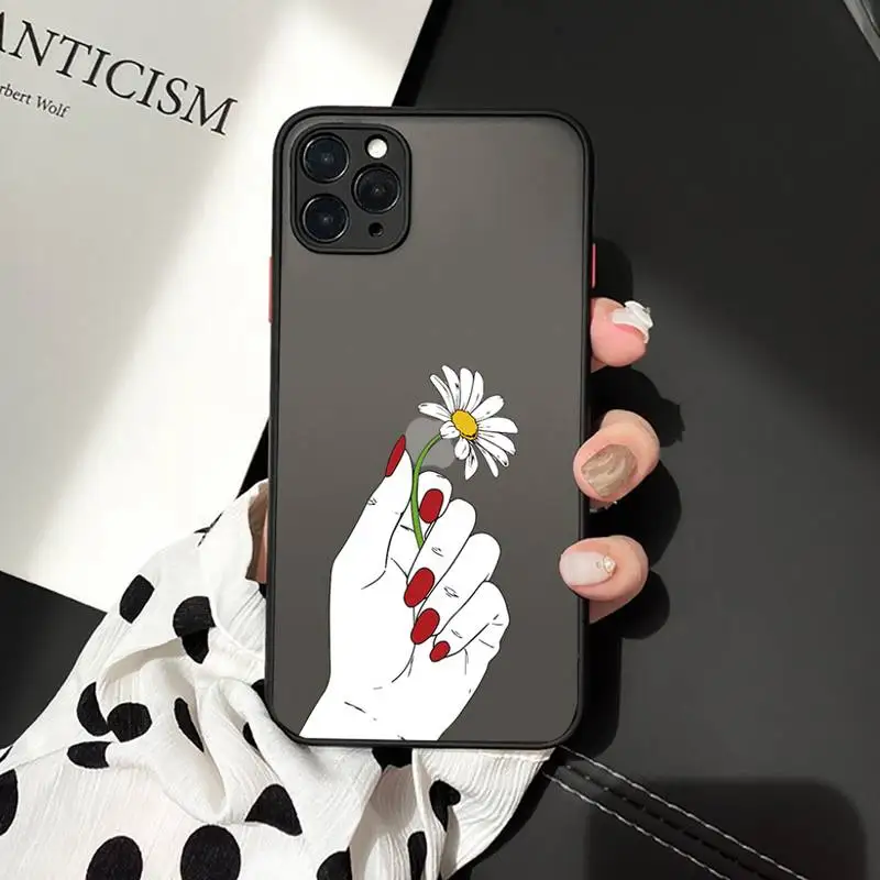 

Phone Case For iPhone 12 11 Mini Pro XR XS Max 7 8 Plus X Hand art daisy Love heart butterfly Matte transparent cover