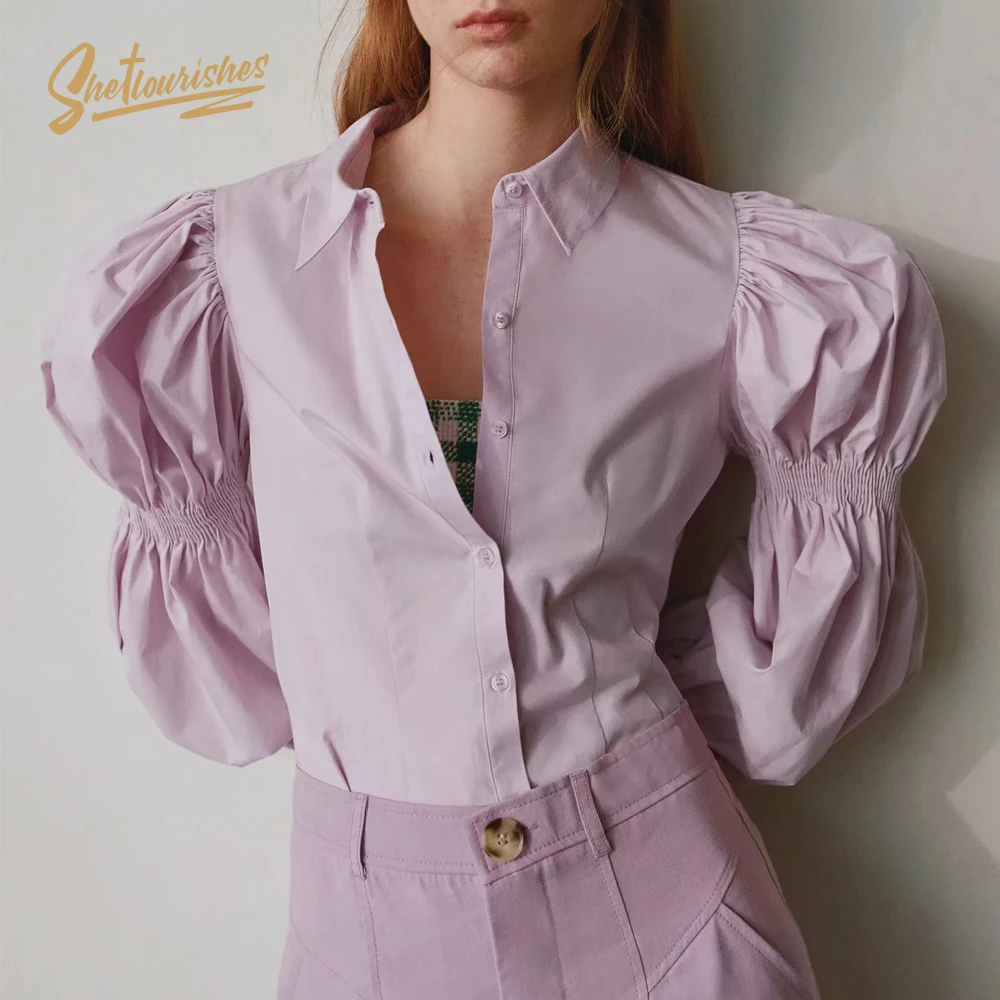 Женская рубашка с рукавами фонариками воротником на шее| |