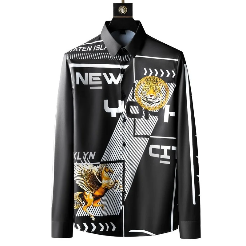 Luxurious Print Shirts for Men's 2021 Autumn Long Sleeve Slim Fit Casual Business Streetwear Blouse Social Party Nightclub Tops