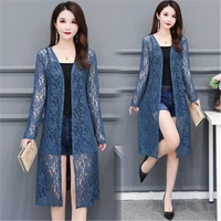 spring korean floral lace women sweater cardigan sheer solid open front long elegant summer beach cover up cardigan