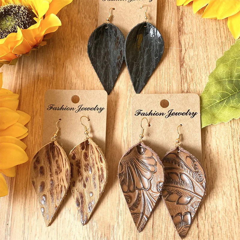 Embossed Genuine Cowhide Leather Feather Dangle Drop Earrings for Women Handmade Vintage Jewelry Daily Gift Accessories