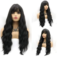 cheap long black full machine made wig with bangs cosplay long curly water natural wave glueless wigs for women pre plucked hair