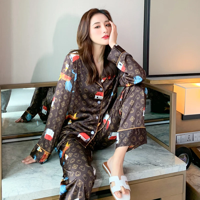 

Spring Autumn Women's Pajamas Set Sleepwear Brown Color Long-sleeved Silk Like Nightie Luxury Home Clothes Nightwear Set