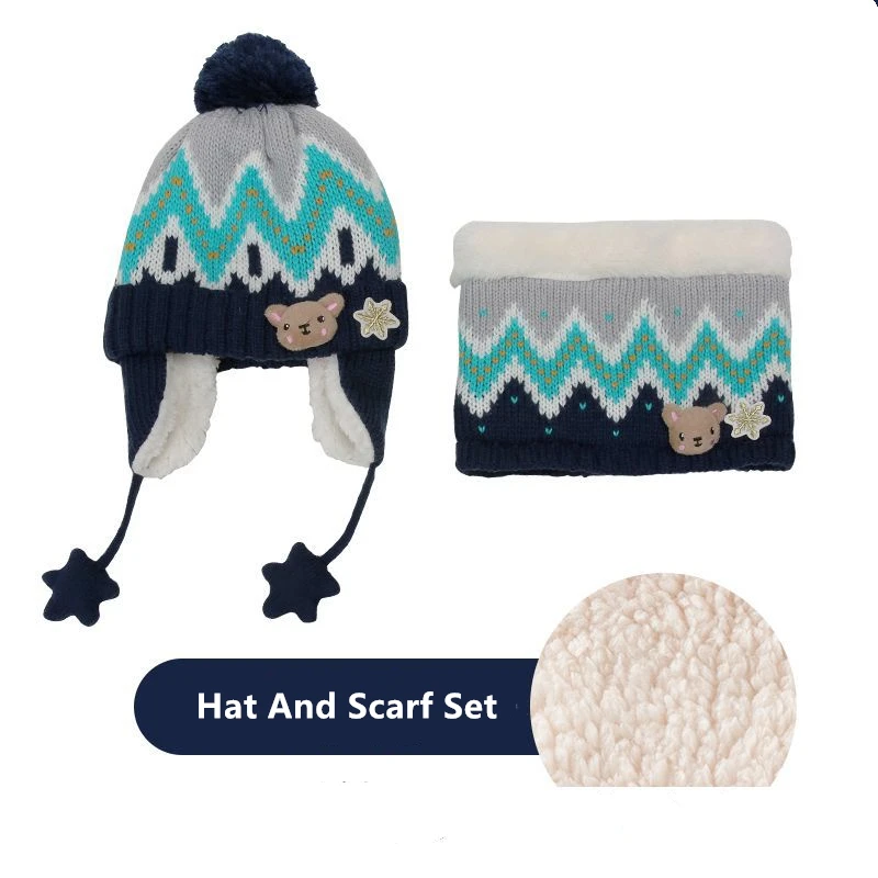 Hat And Scarf Set Зимний детский шарф, шапка и наборы с перчатками, детская шапка со снежинками и шарфом из мультфильма, теплые бархатные шапочки - Цвет: Hat And Scarf Set