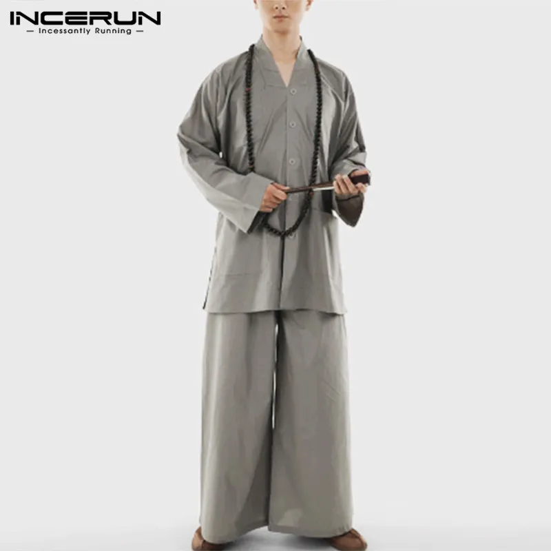 

INCERUN Man Casual Long Sleeve Button Tops Elastic Pants Sets Tang Suits Vintage Men Solid Suits Chinese Style Cotton Sets S-5XL