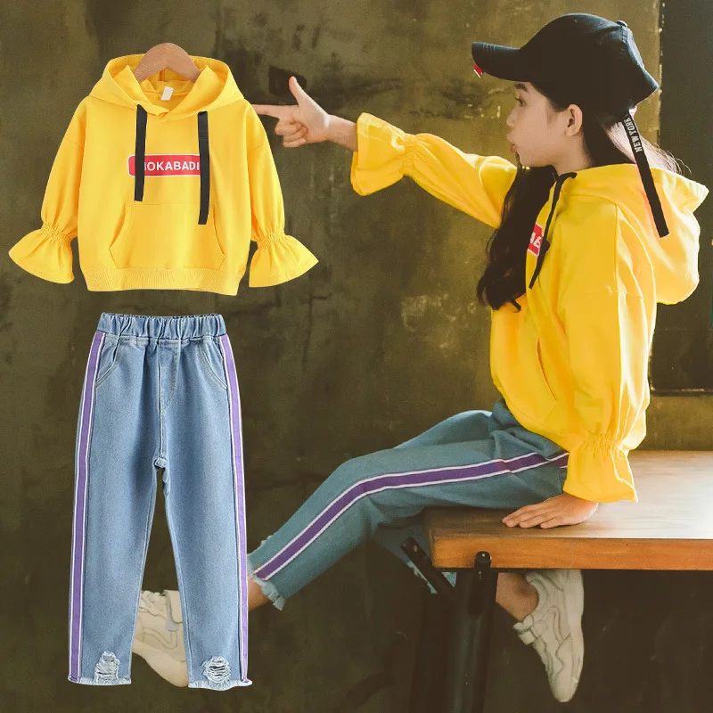 Костюм из двух предметов для девочек 4 6 8 10 лет с длинным рукавом и джинсами в