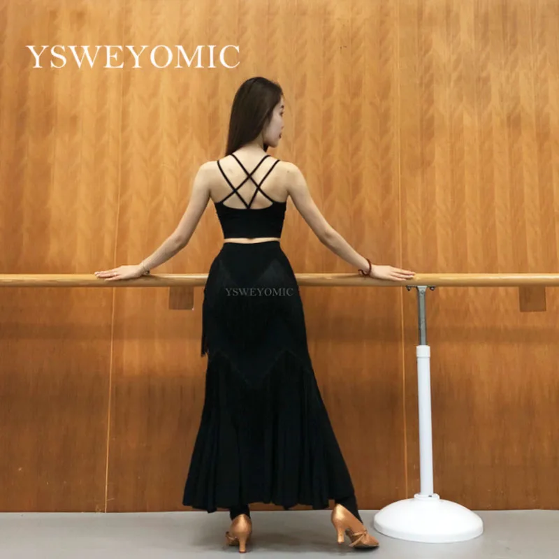 2020 New Flamenco Dance Costume Skirt Soft Ladies Ballroom dresses Black Tassels Long dance for Women M13 | Тематическая одежда и