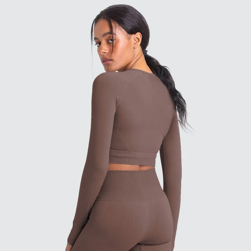 

2021 Women 2 Piece Sport Outfits Dry Fit Tight Long Sleeve Crop top+Leggings Workout Gym Suit Fitness Sets Seamless Rib Yoga Set