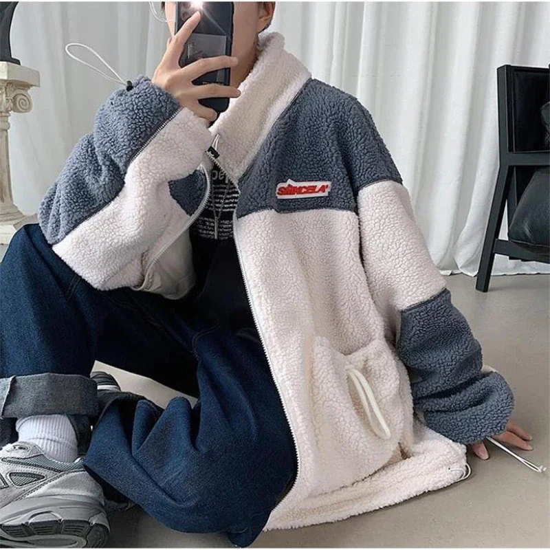 

Fashion Winter Coats Men Warm Polar Fleece Thicken Outerwear 2021 Loose Wild Stand Collar Lamb Wool Coats Plus Size Men