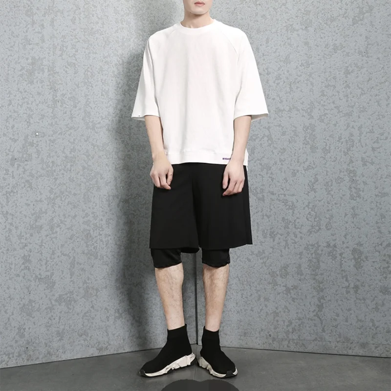 Men's Casual Shorts Summer New Dark Elastic Waist False Two Pieces Of Patchwork Design Hong Kong Style Sports Pants