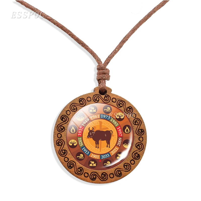 12 Zodiac Wooden Necklace Chinese zodiac sign Photo Rat Ox Glass Cabochon Jewelry Fashion Wood Pendants Men Women Birthday Gift | Украшения