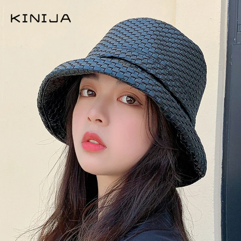 Панама женская из экокожи модная с защитой от солнца дизайнерская шапка для