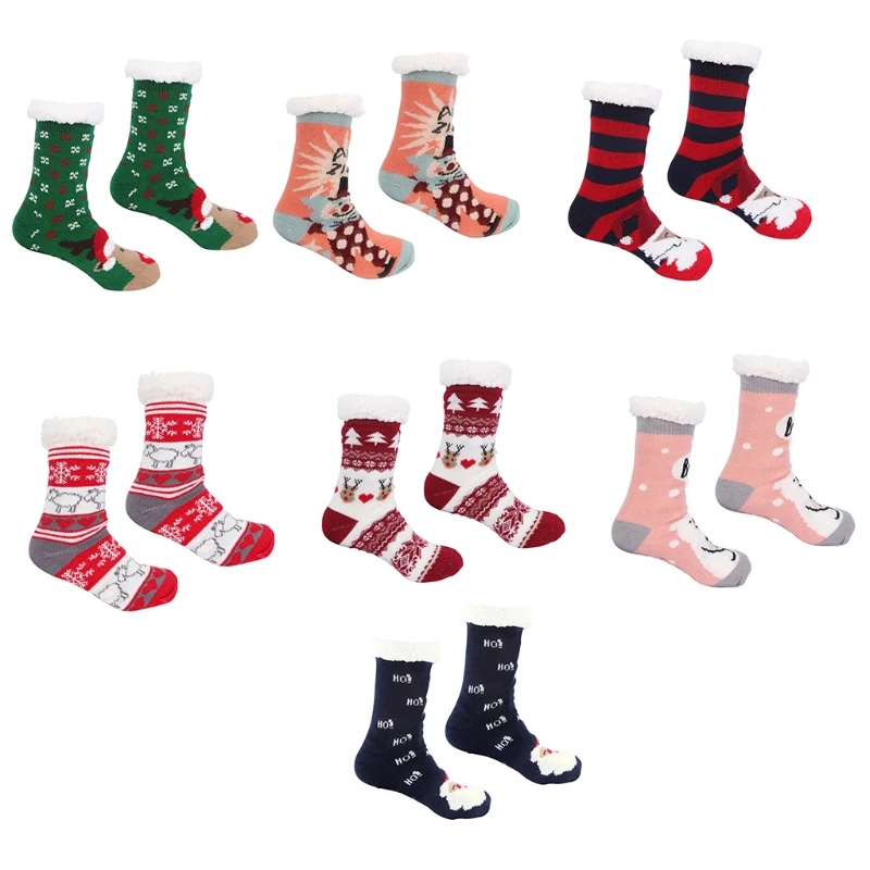 

896E Women Christmas Fuzzy Slipper Socks with Grippers Cartoon Elk Clown Santa Fleece Lined Winter Thermal Non-Slip Stockings