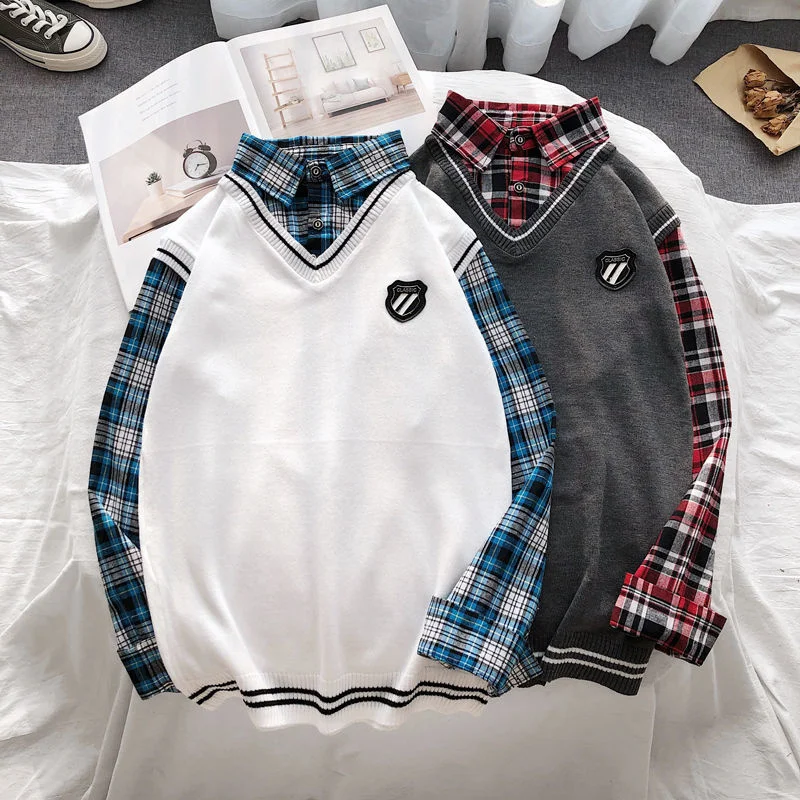 

Искусственный свитер из 2 частей, модный тонкий пуловер в клетку с прострочкой, Мужская одежда, повседневный Свободный Топ с длинным рукавом...