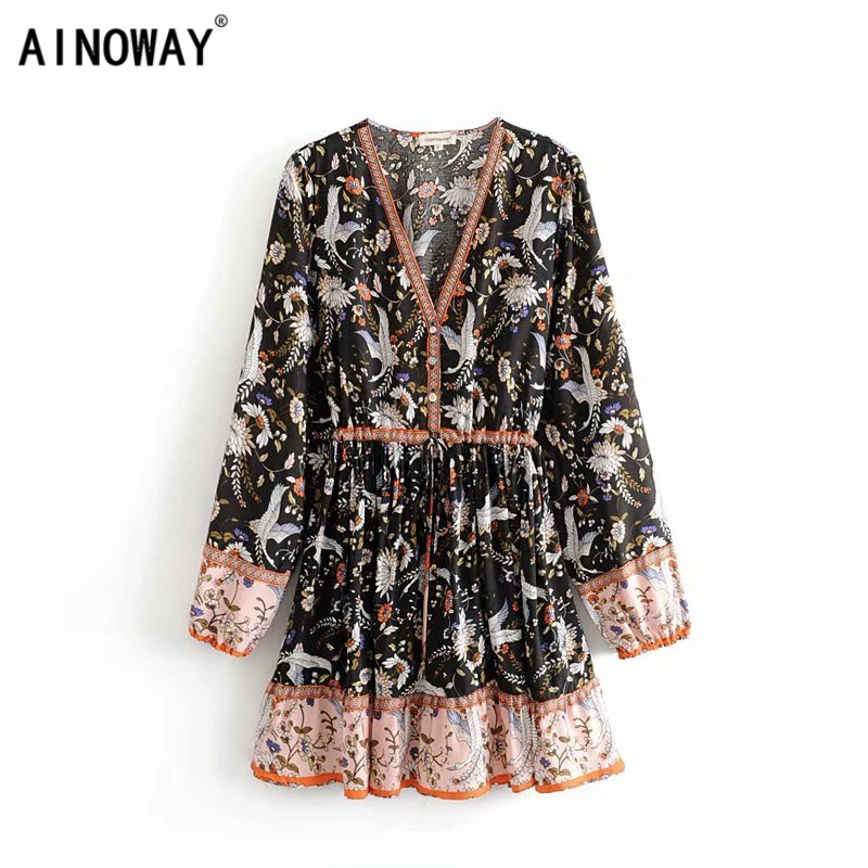 Винтажное шикарное женское платье с цветочным принтом журавлей Пляжное богемное