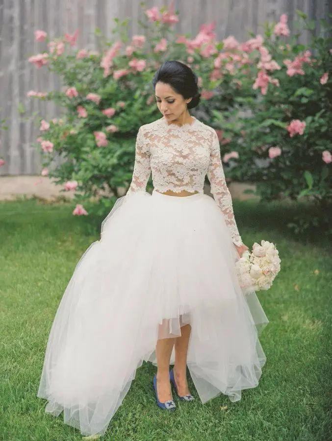 

Beautiful Long Sleeve A-Line Two Pieces Beach Country bridal gown 2020 High Low Lace vestido de noiva Bohemian Wedding Dresses