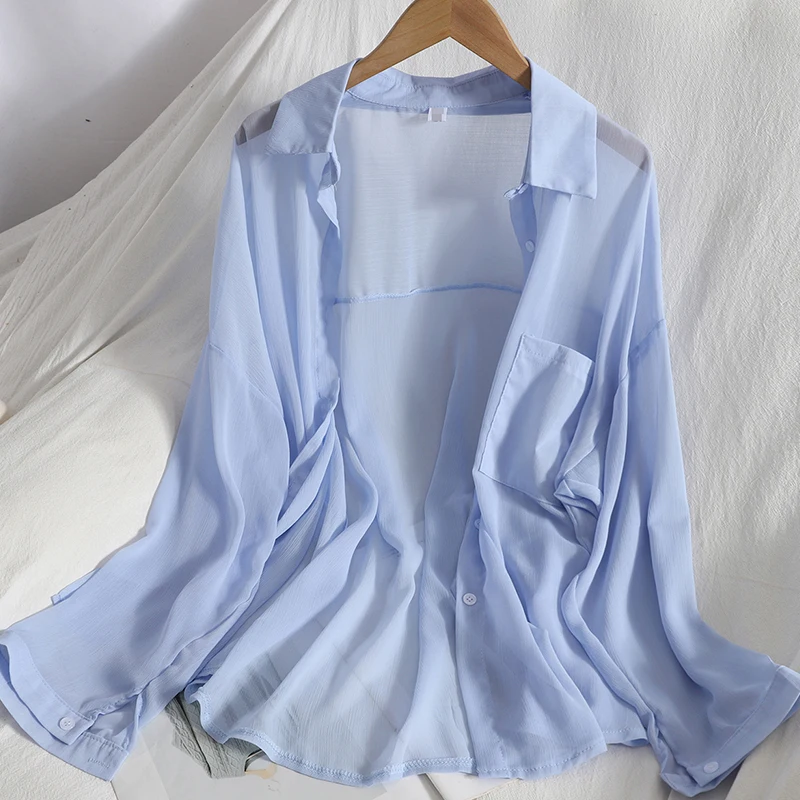 Pearl Diary Женская Летняя Пляжная накидка шифон рубашки на пуговицах прозрачные