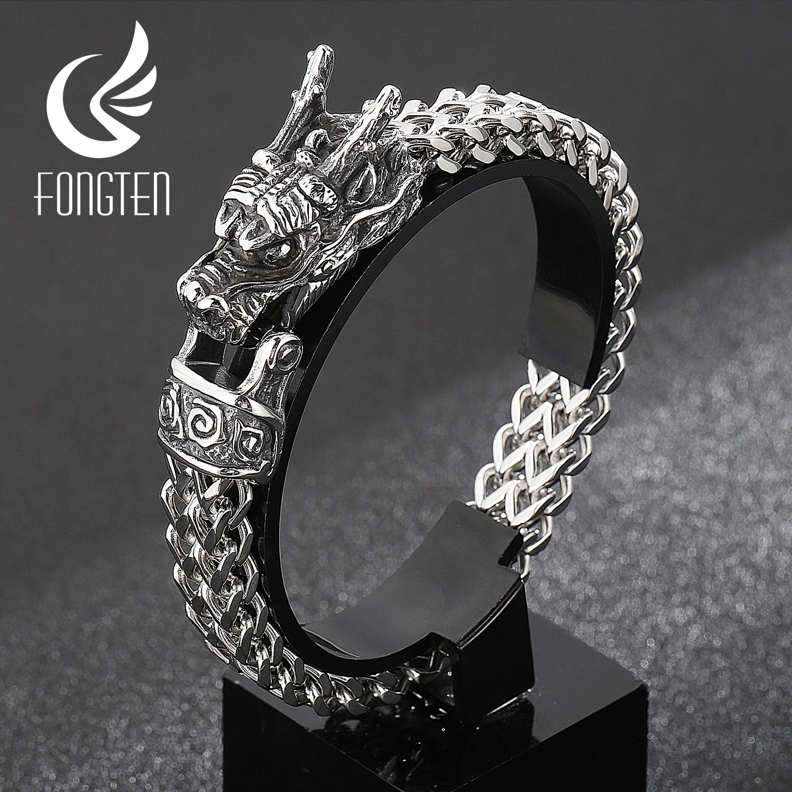 Fongten Dragon Head Animal Punk Men's Bracelet Stainless Steel Designer Cool Viking Trendy Heavy Jewelry Gift