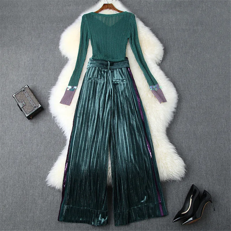 

Winter Women Set Full Sleeve Sequins Pullover Velvet Wide-leg Pants Side Sequins 2 Piece Set Women Elegant Black Patry Pants Set