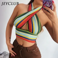 y2k knit halter neck crop top women 2021 summer fashion color striped camisole harajuku backless party beach sexy tank tops tee