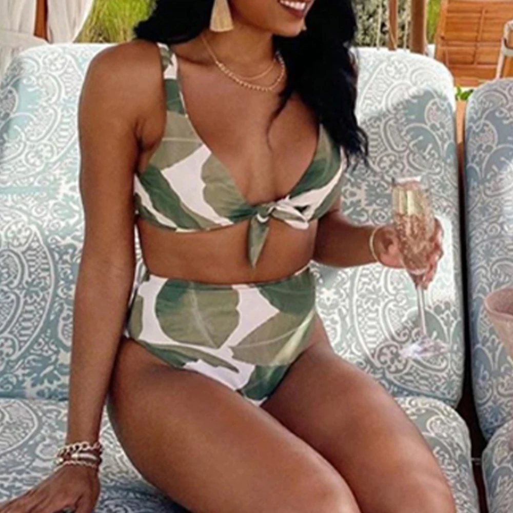 Купальник-бикини пуш-ап женский с тропическим принтом и завышенной талией |