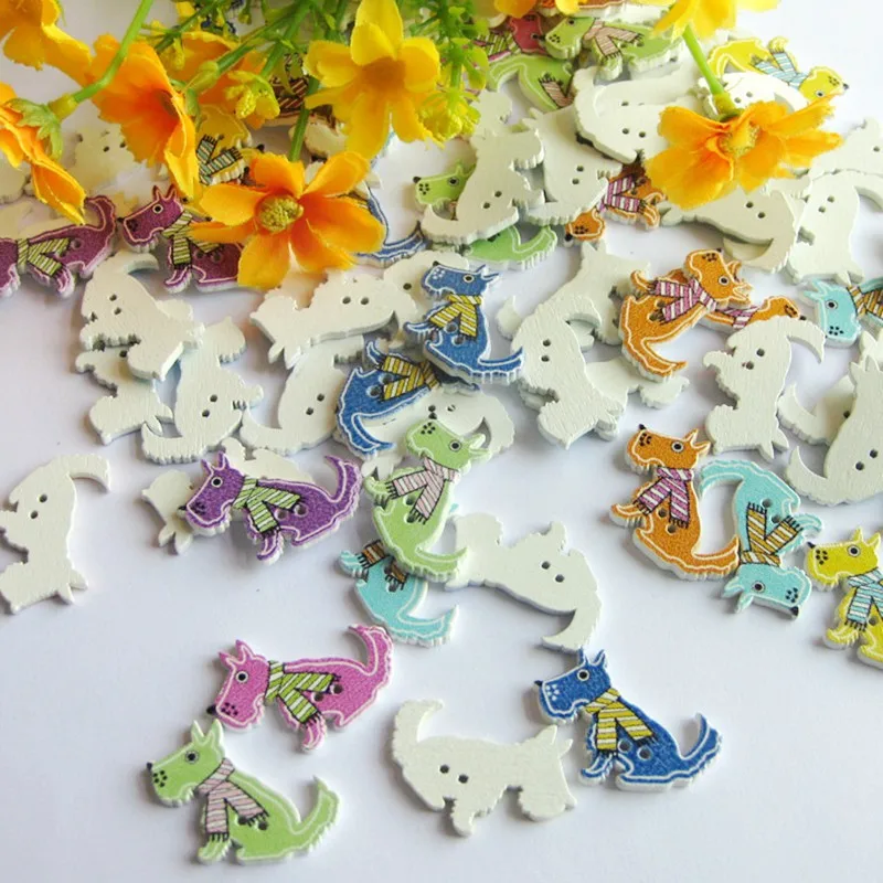 50pcs 2 Holes Wooden Button Sewing Accessories Cartoon dog Animal Decorative Buttons 21x28mm Scrapbooking  for Crafts images - 6