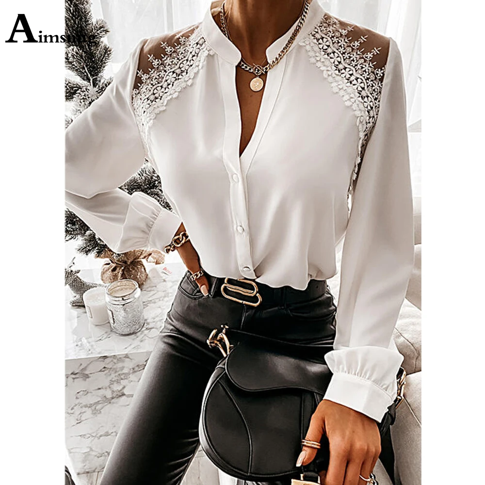 

Aimsnug 2021 Summer Office Ladies Hollow Out Shirt Women Long Sleeve Single Breasted Top Female the Shirt Patchwork Lace Blouse