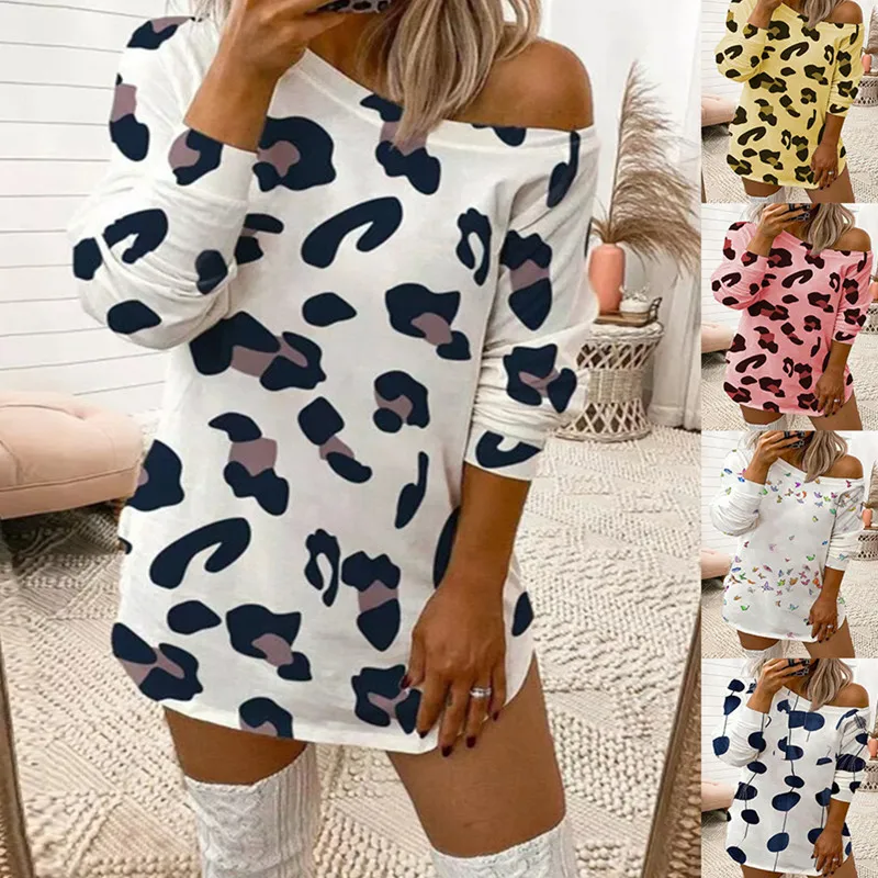 

Женское платье-футболка с леопардовым принтом, длинным рукавом и круглым вырезом