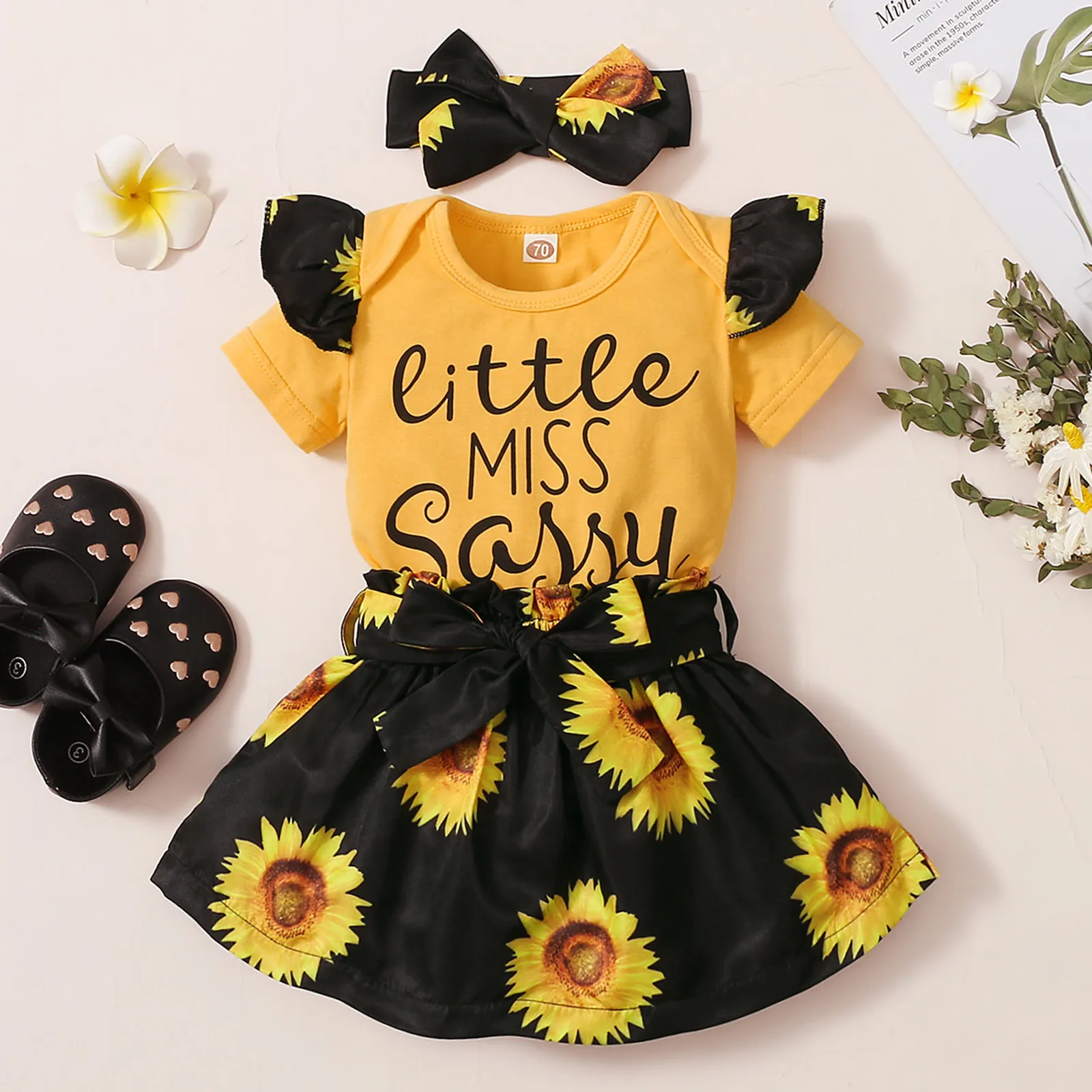 6M-24M Summer Newborn Baby Girl Clothes Ruffle Letter Romper Tops Sunflower Short Skirt Hairband Sets Baby's Clothing | Детская