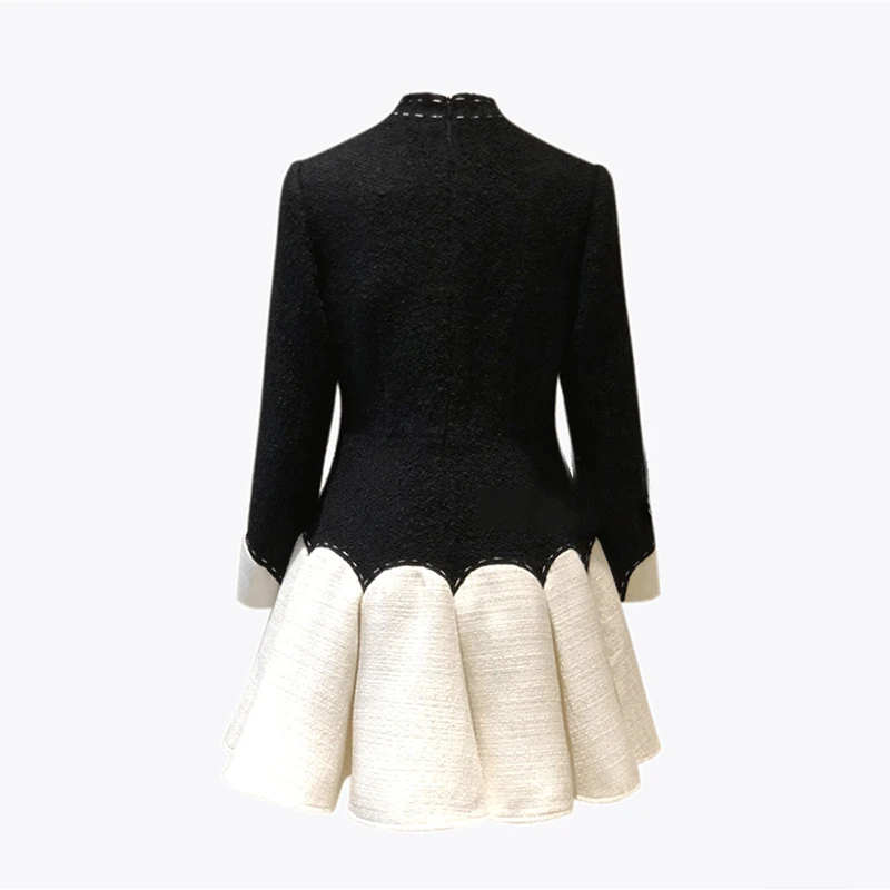 

TWOTWINSTYLE elegant patchwork tweed dress for women bowknot collar long sleeve high waist hit color korean dresses female 2021