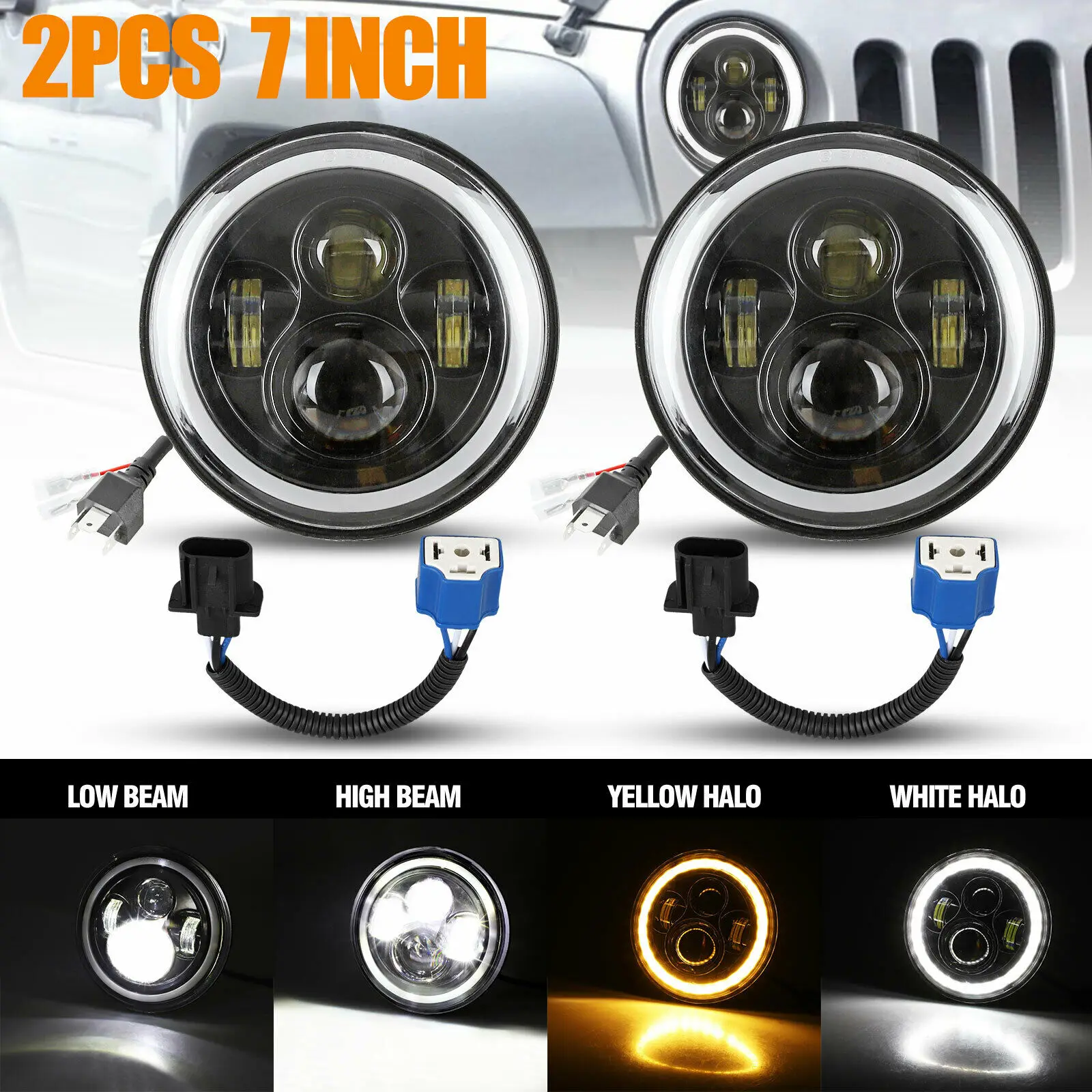 

2x 7inch Round LED Headlight /w Halo Angle Eyes For Jeep Wrangler JK LJ 80W