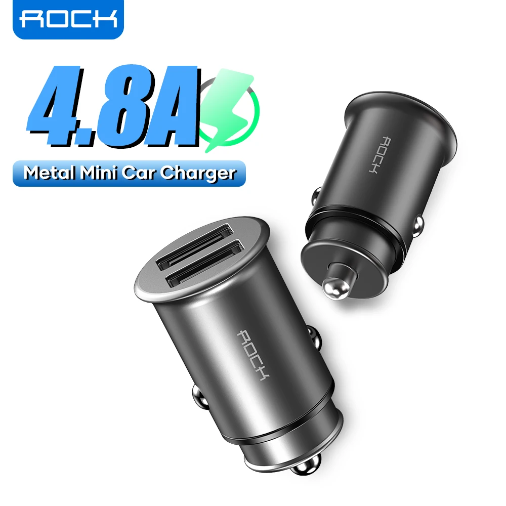 

ROCK 4.8A Metal Mini USB Car Charger For iPhone Samsung Dual USB Car Cell Phone Charger Adapter Fast Charger For Xiaomi Foco X3