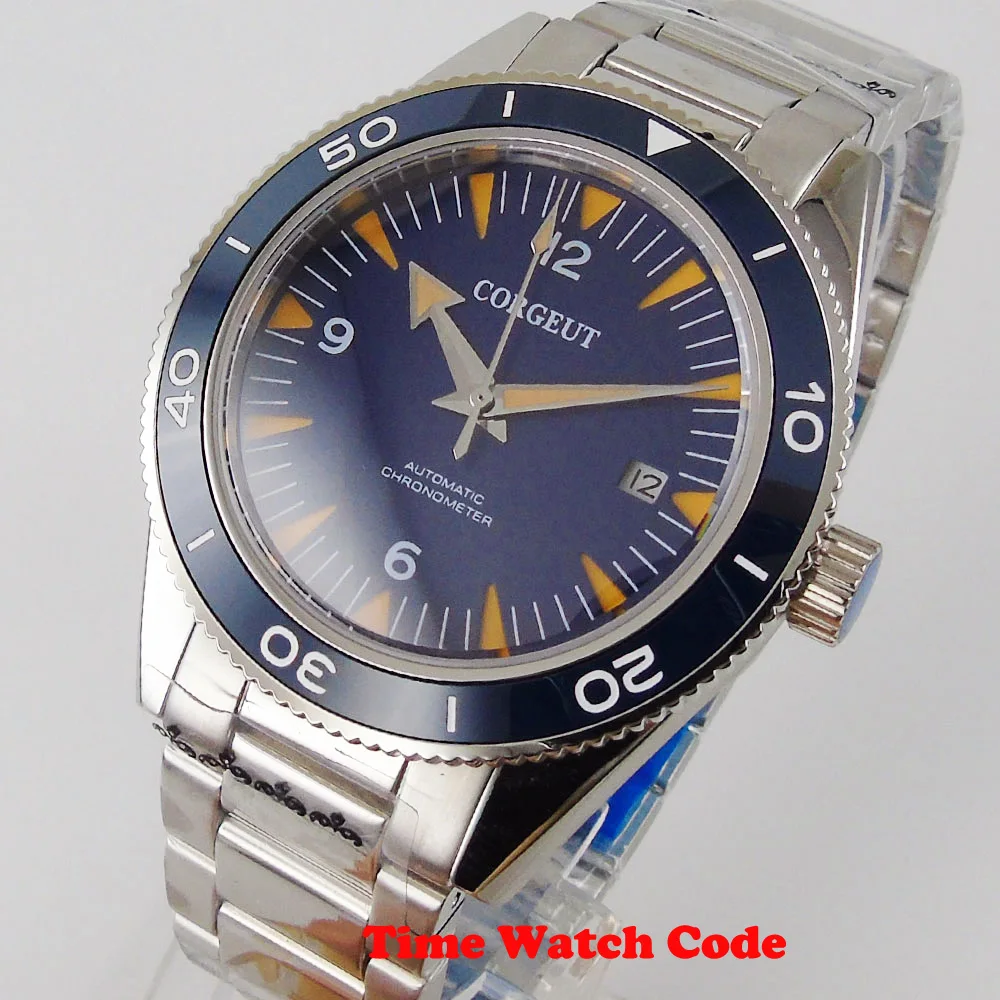 

41mm Corgeut Automatic Movement Men's Watch Miyota 8215 NH35 Date Luminous Blue Dial Bracelet Sapphire Glass Ceramic Bezel