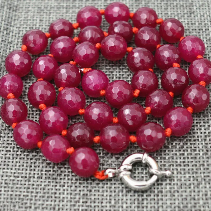 

10mm Natural Faceted Brazil Rose Red Ruby Gemstone Round Beads Necklace18"