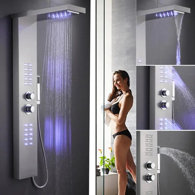 Goede Geborsteld Badkamer Led Douche Panel Toren Systeem Wandmontage Mengkraan Douche Rvs Led Thermostatische Douche Scherm Hwc