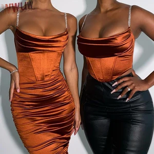 Satin Pleated Sling Bodycon Bandage Dress Women Fashion Elegant Midi Diamond Sexy Party Dresses Strapless Summer Dress Vestidos