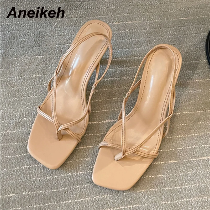 

Aneikeh 2023 Summer Women's Shoes Thin Heels Open Casual Shallow Classics PU Basic Slip-On Back Strap Concise Solid Casua white