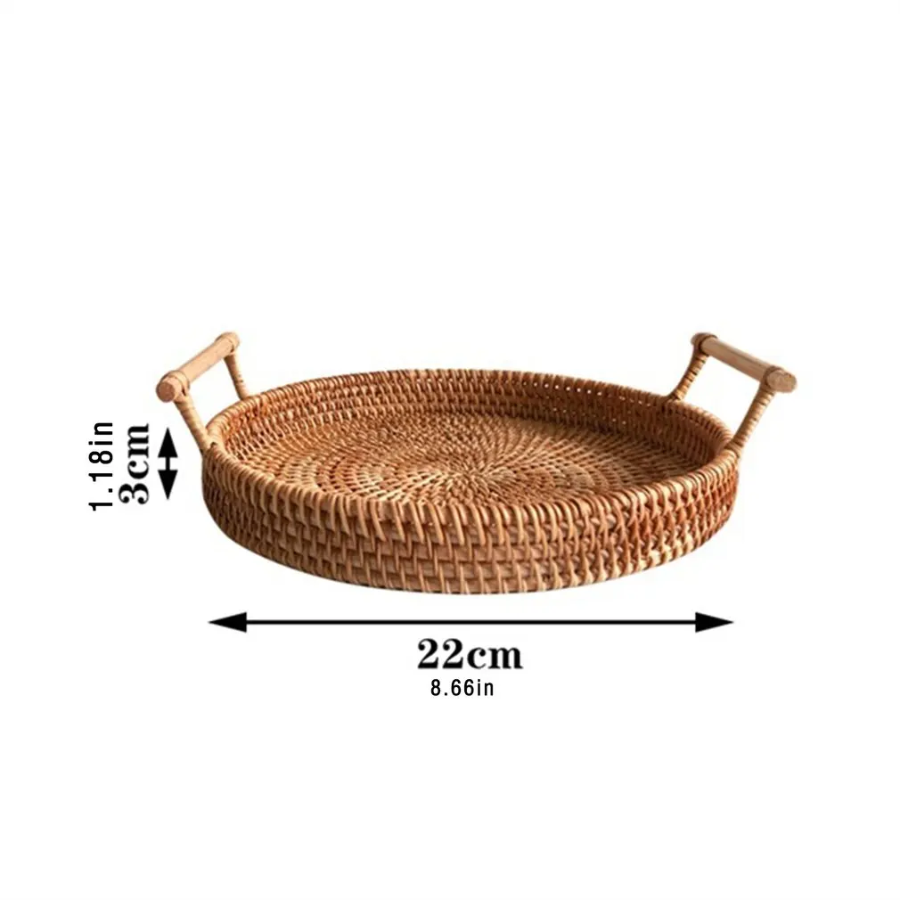 

3 Sizes Rattan Handwoven Round High Wall Severing Tray Food Storage Platters Plate Over Handle for Breakfast Drink Snack Display