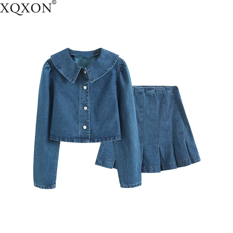

XQXON 2021 Denim Jackets Suit Women England style Solid Blue Short Pleated Feminino Femme Motorcycle jacket Two Piece Set