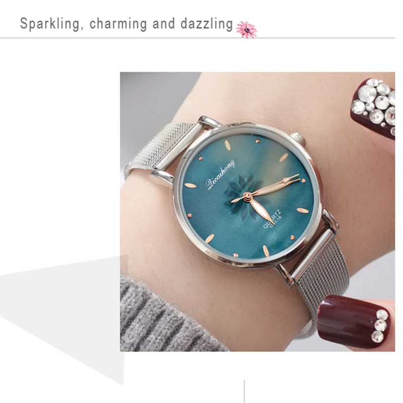 Модные синие женские часы роскошные серебристые розовые с цветочным циферблатом