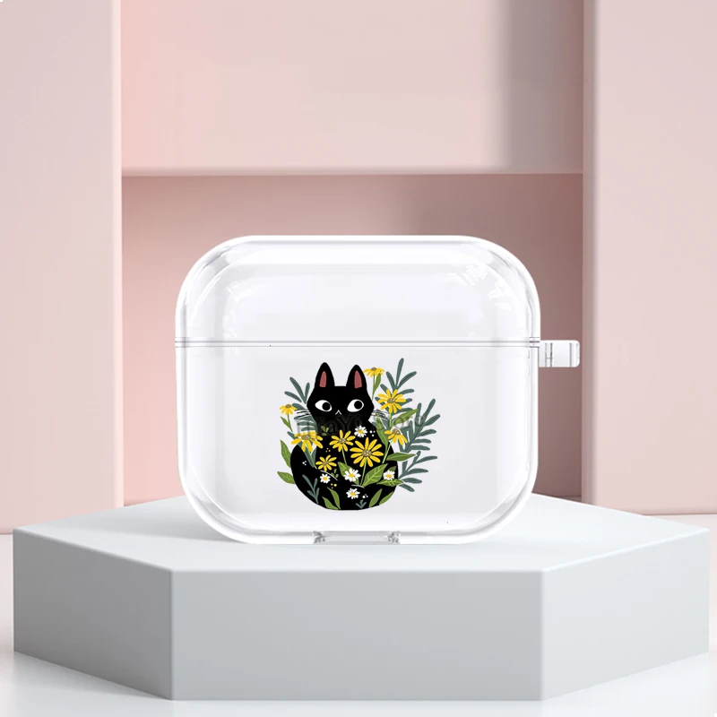 

Защитный чехол для наушников Airpods Pro 2/1 с изображением черной кошки с цветами