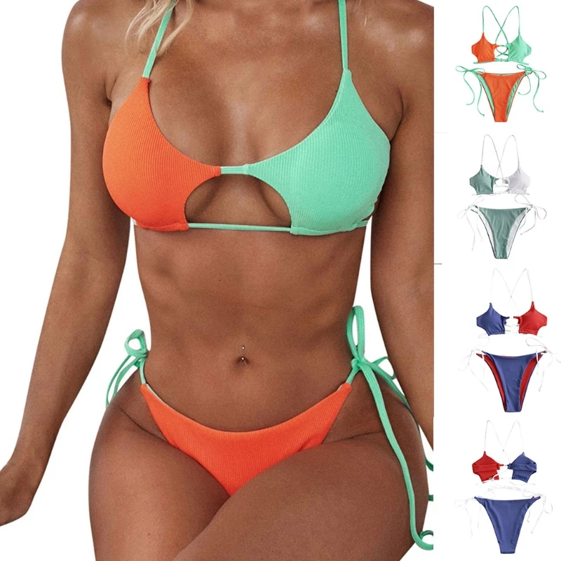 

Bikini Swimwear Lingerie Set Swimsuit Women Striped Push Up High Cut Hight Waist Halter Bikini Set Two Piece Swimsuit