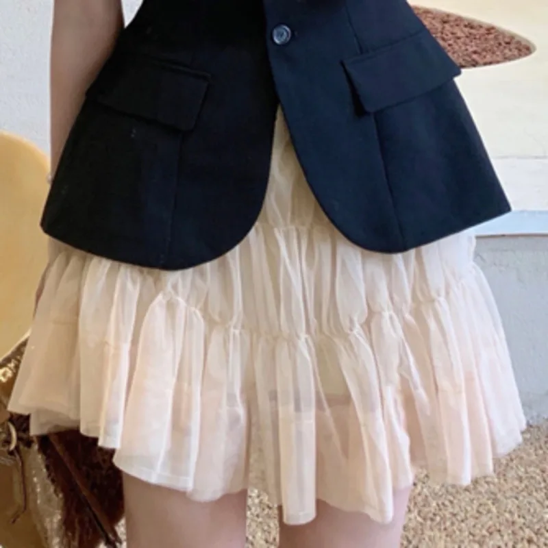 

Korean Fashion Skirts Suits Puff Sleeve Small Suit + High Waist A-line Mesh Skirt Two-piece Sets Women Conjuntos De Vestido 2021