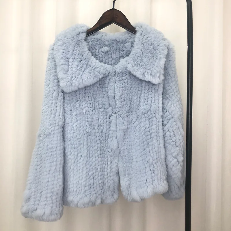 Long Sleeves Rex Rabbit Fur Coat for Women Winter Short Korean Hooded Turn-down Collar Fare Sleeve Solid Knit Real Fur Overcoats