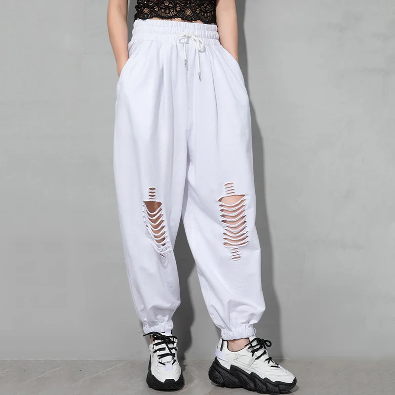 

[EAM] High Elastic Waist Gray Holes Long Wide Leg Trousers New Loose Fit Pants Women Fashion Tide Spring Summer 2021 1DD9848